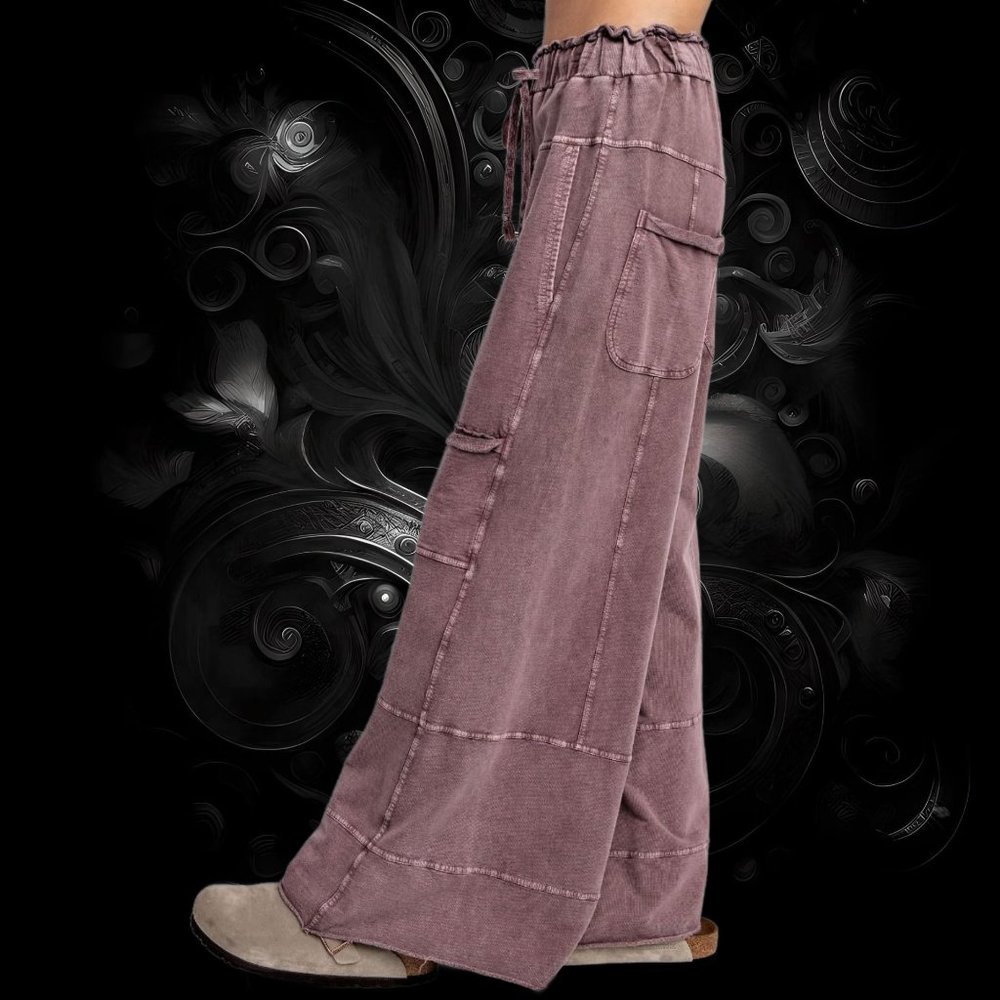 EASEL Perfect Cargo LUX Premium Mineral Wash Wide Leg Pant Raw Hem Seam Details - Picture 3 of 11